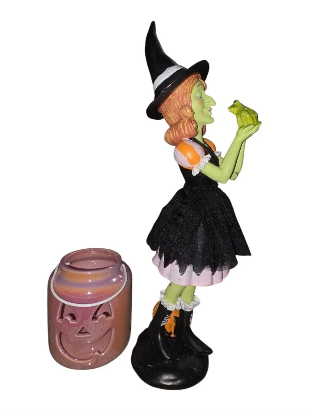 Broomstick Halloween NWT Whimsical Black & Green Face Resin Witch & Frog Decor